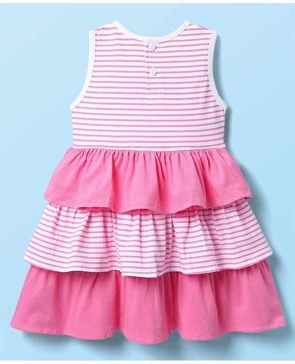 Babyhug Single Jersey Knit Sleeveless Layered Frock With Bloomer & Floral Applique - Pink