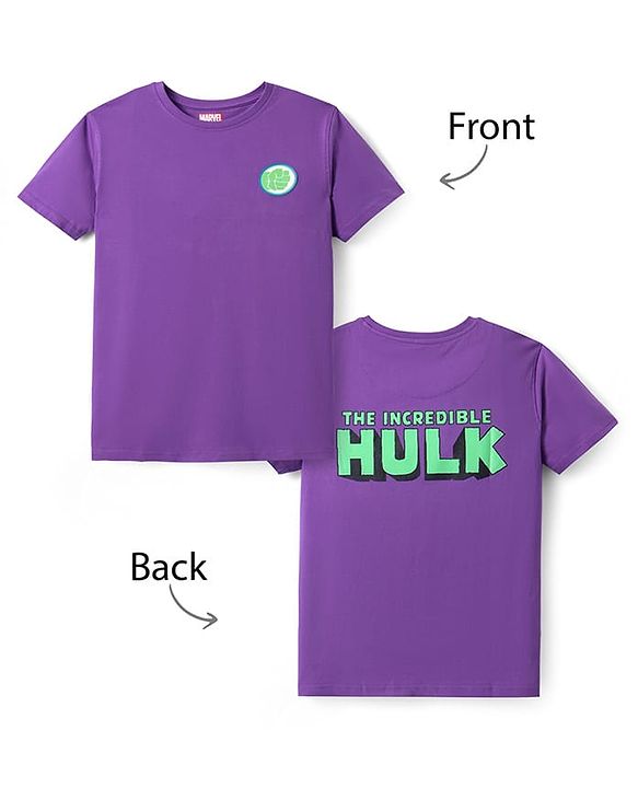 Pine Kids Marvel Single Jersey Knit Half Sleeves Drop Shoulder T-Shirt With Hulk Graphic And Badge Detailing - Purple