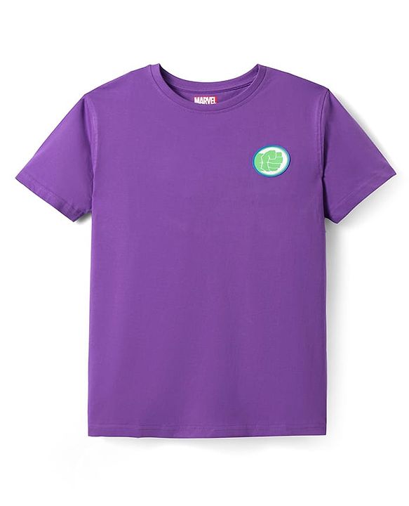 Pine Kids Marvel Single Jersey Knit Half Sleeves Drop Shoulder T-Shirt With Hulk Graphic And Badge Detailing - Purple