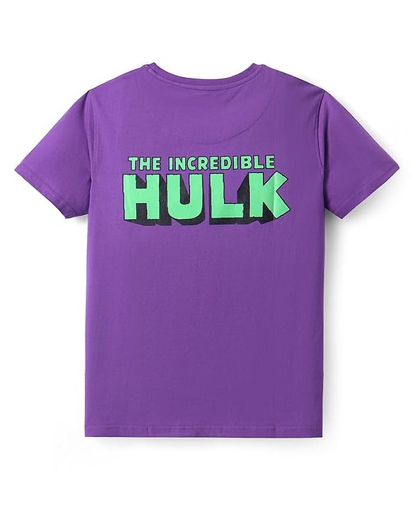 Pine Kids Marvel Single Jersey Knit Half Sleeves Drop Shoulder T-Shirt With Hulk Graphic And Badge Detailing - Purple