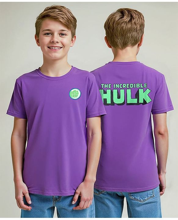 Pine Kids Marvel Single Jersey Knit Half Sleeves Drop Shoulder T-Shirt With Hulk Graphic And Badge Detailing - Purple