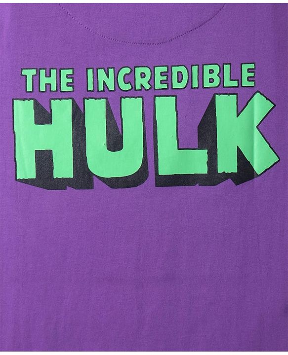 Pine Kids Marvel Single Jersey Knit Half Sleeves Drop Shoulder T-Shirt With Hulk Graphic And Badge Detailing - Purple