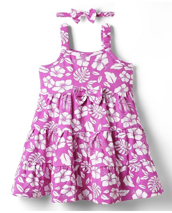 Babyhug Single Jersey Knit Sleeveless Floral Printed Frock with Headband & Bow Applique - Plum