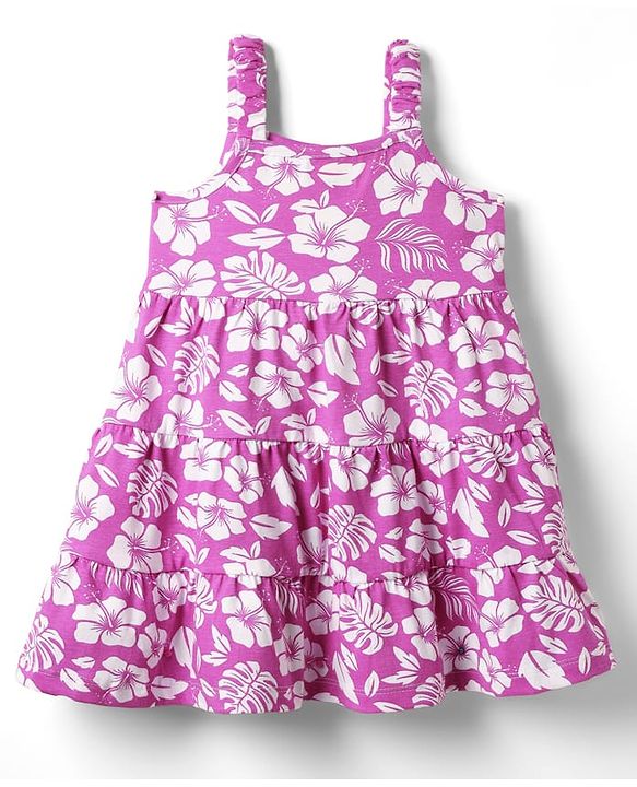 Babyhug Single Jersey Knit Sleeveless Floral Printed Frock with Headband & Bow Applique - Plum