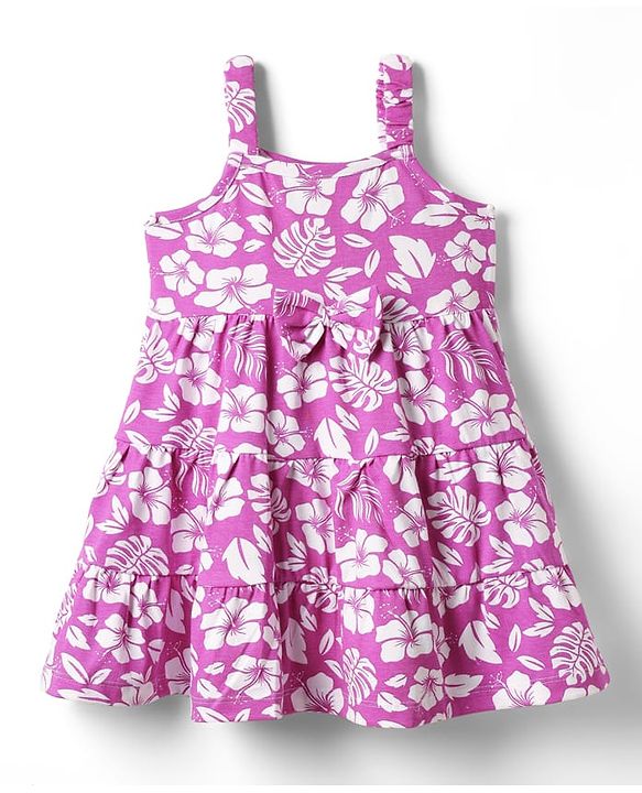 Babyhug Single Jersey Knit Sleeveless Floral Printed Frock with Headband & Bow Applique - Plum