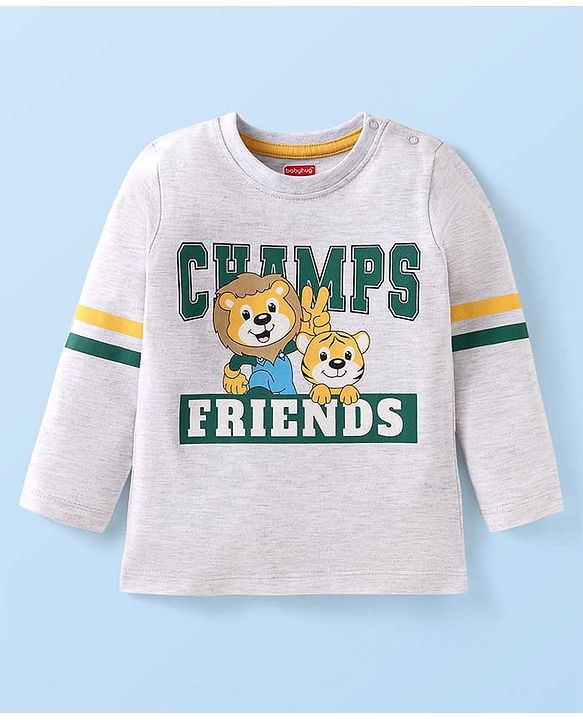 Babyhug Cotton Knit Full Sleeves T-Shirt with Animal Print - Grey