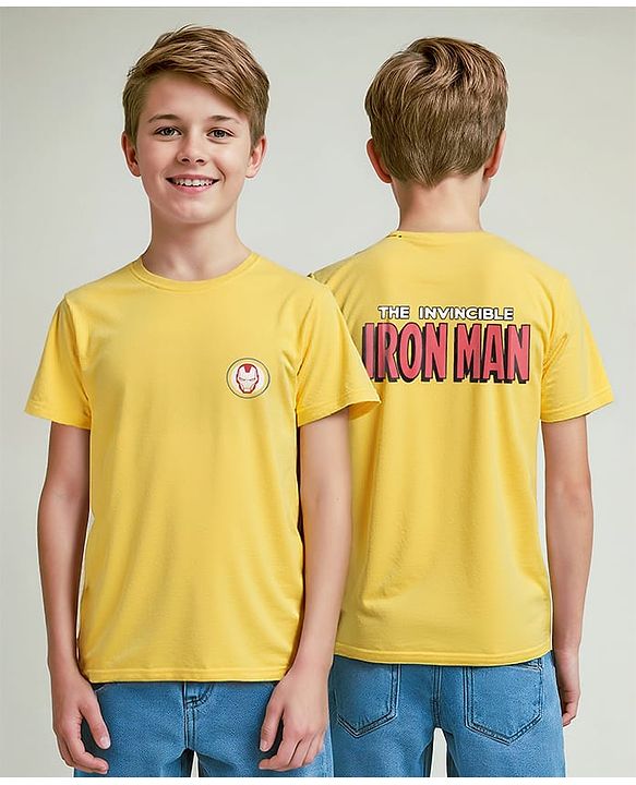 Pine Kids Marvel Single Jersey Knit Half Sleeve Drop Shoulder T-Shirt With Iron Man Graphic And Badge Detailing - Yellow