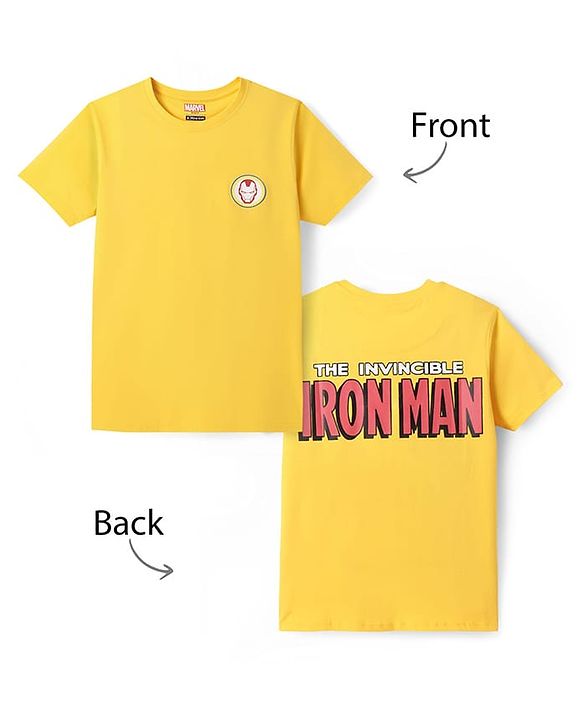 Pine Kids Marvel Single Jersey Knit Half Sleeve Drop Shoulder T-Shirt With Iron Man Graphic And Badge Detailing - Yellow