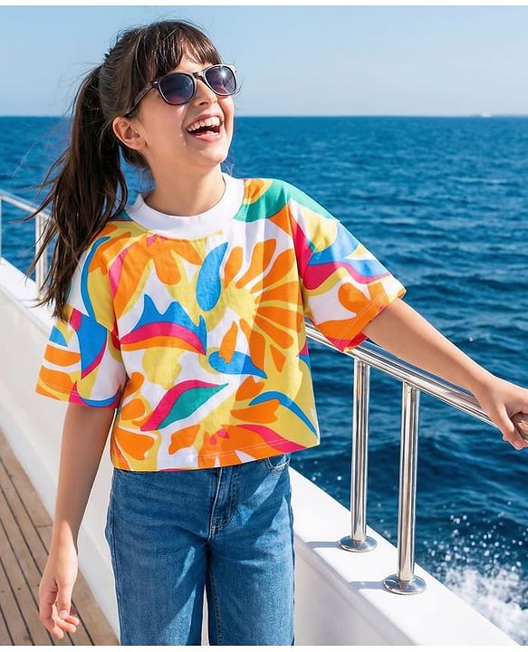Pine Kids Cotton Knit Half Sleeves Over Sized Top with Tropical Theme Print - White