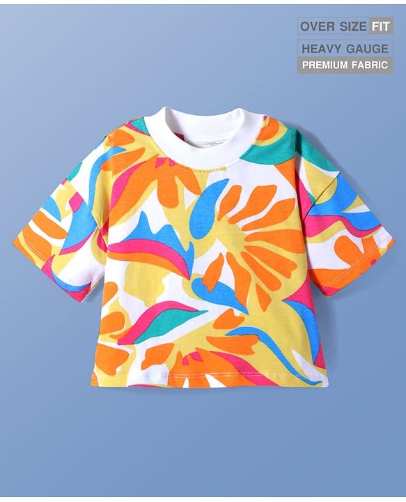 Pine Kids Cotton Knit Half Sleeves Over Sized Top with Tropical Theme Print - White