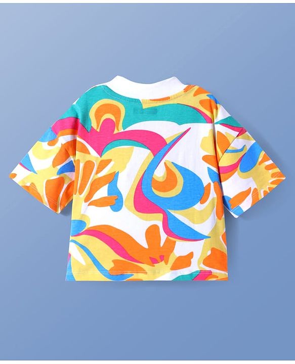 Pine Kids Cotton Knit Half Sleeves Over Sized Top with Tropical Theme Print - White