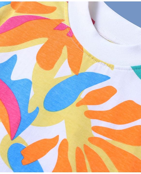 Pine Kids Cotton Knit Half Sleeves Over Sized Top with Tropical Theme Print - White