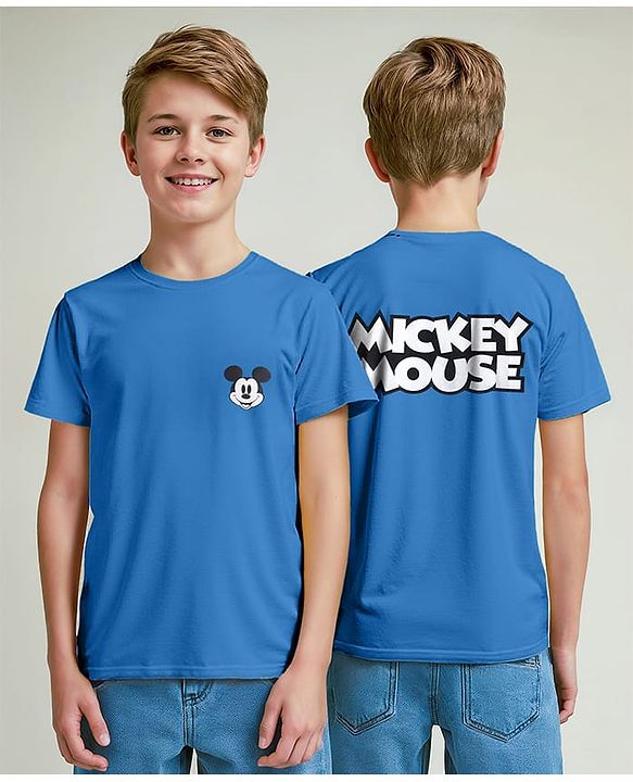 Pine Kids Disney Single Jersey Knit Half Sleeve Drop Shoulder T-Shirt With Front & Back Mickey Mouse Graphic And Badge Detailing - Blue