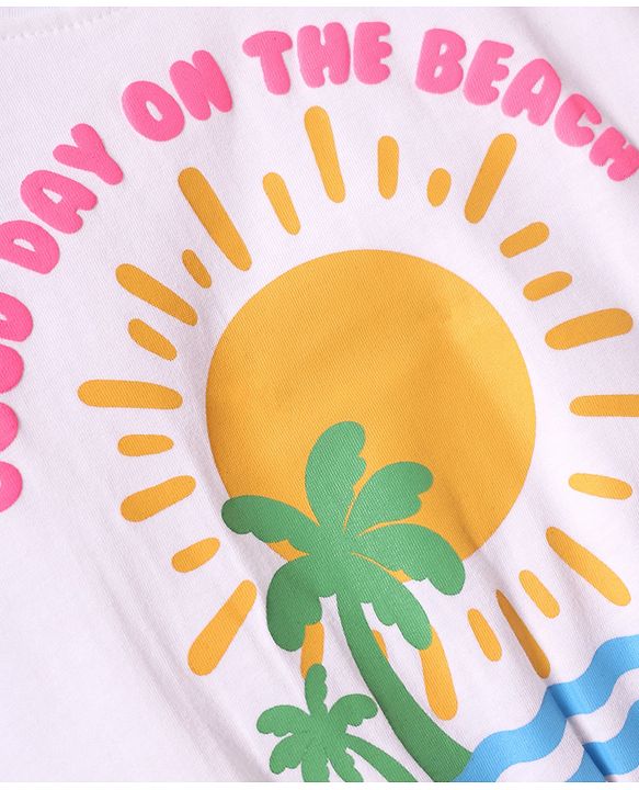 Babyhug Cotton Knit Half Sleeves T-Shirt with Beach Theme Print - White