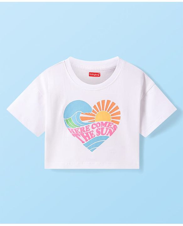 Babyhug Cotton Knit Half Sleeves Drop Shoulder T-Shirt With Here Comes The Sun Text Print - White