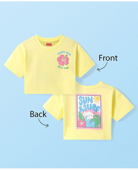 Babyhug Cotton Knit Half Sleeves Drop Shoulder T-Shirt With Floral & Text Print - Yellow