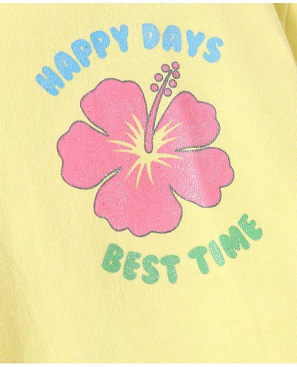 Babyhug Cotton Knit Half Sleeves Drop Shoulder T-Shirt With Floral & Text Print - Yellow