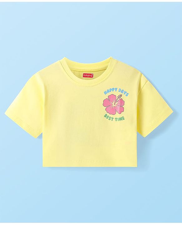 Babyhug Cotton Knit Half Sleeves Drop Shoulder T-Shirt With Floral & Text Print - Yellow
