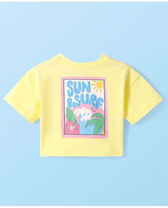 Babyhug Cotton Knit Half Sleeves Drop Shoulder T-Shirt With Floral & Text Print - Yellow