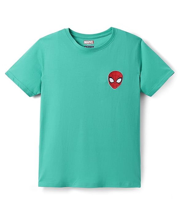 Pine Kids Marvel Single Jersey Knit Half Drop Shoulder Sleeves T-Shirt with Spider Man Graphics & Badge Detailing - Mint