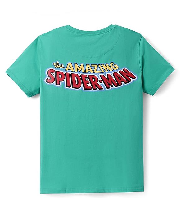 Pine Kids Marvel Single Jersey Knit Half Drop Shoulder Sleeves T-Shirt with Spider Man Graphics & Badge Detailing - Mint