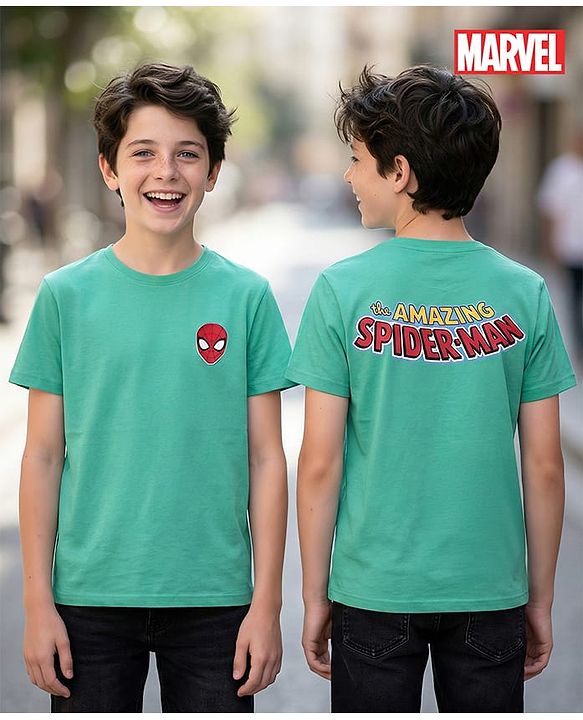 Pine Kids Marvel Single Jersey Knit Half Drop Shoulder Sleeves T-Shirt with Spider Man Graphics & Badge Detailing - Mint