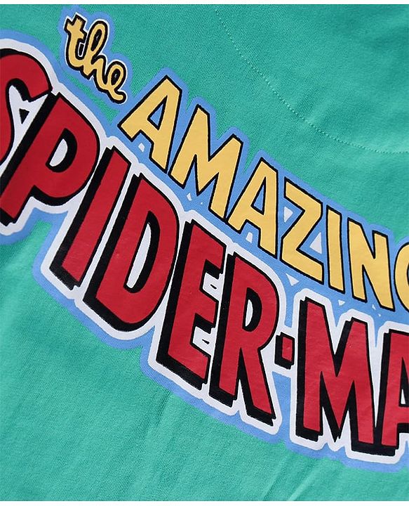 Pine Kids Marvel Single Jersey Knit Half Drop Shoulder Sleeves T-Shirt with Spider Man Graphics & Badge Detailing - Mint