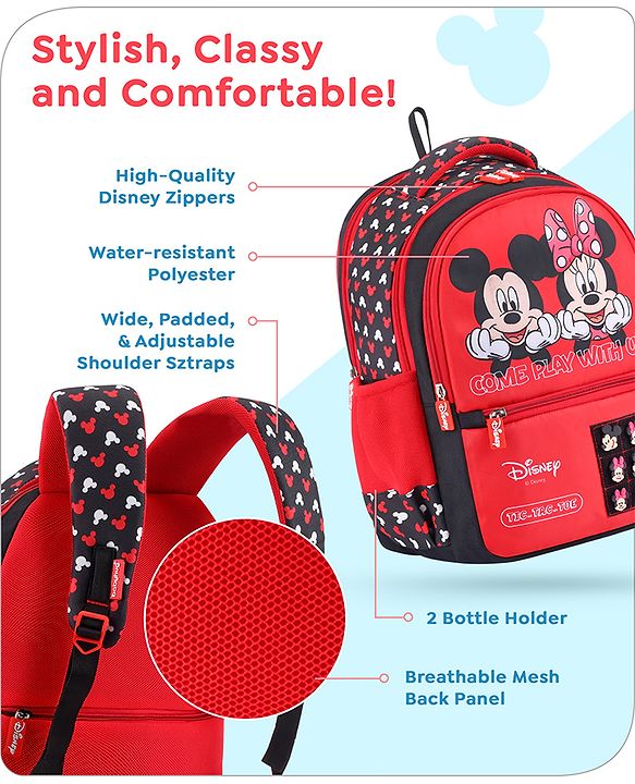 Babyhug Disney Mickey Mouse School Backpack|2 Main Compartments, 2 Front Pockets, 2 side Bottle Pockets|Water Resistant|Long lasting and Durable Zippers | Comfortable back cushioning | For School, Travel and Outdoors|Blue- 15.8 inches