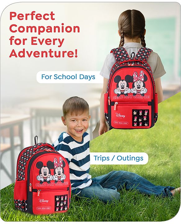 Babyhug Disney Mickey Mouse School Backpack|2 Main Compartments, 2 Front Pockets, 2 side Bottle Pockets|Water Resistant|Long lasting and Durable Zippers | Comfortable back cushioning | For School, Travel and Outdoors|Blue- 15.8 inches