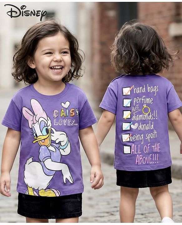 Babyhug Disney Single Jersey Half Sleeves Drop Shoulder Front & Back Daisy Graphic T-Shirt - Purple