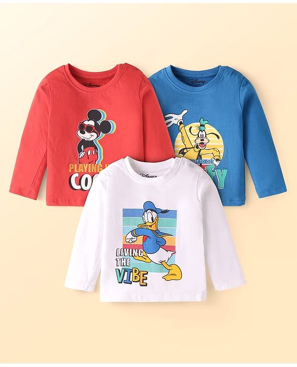 Babyhug Disney Cotton Knit Full Sleeves T-Shirts with Mickey Mouse & Friends Graphics Pack of 3 - Red Blue & White