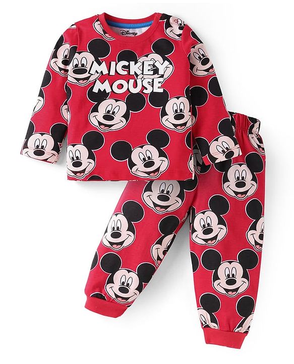 Babyhug Disney Single Jersey Knit Full Sleeves Night Suit With Mickey Mouse Print - Red