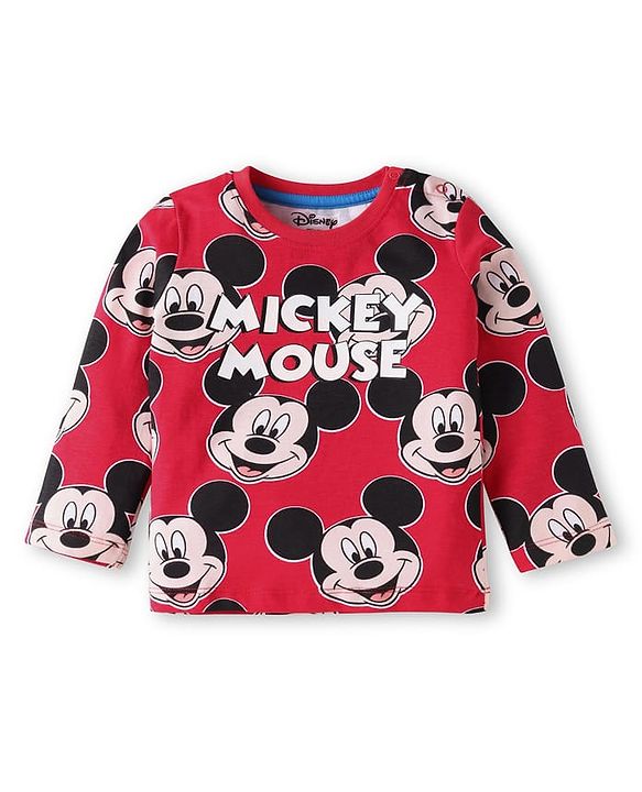 Babyhug Disney Single Jersey Knit Full Sleeves Night Suit With Mickey Mouse Print - Red