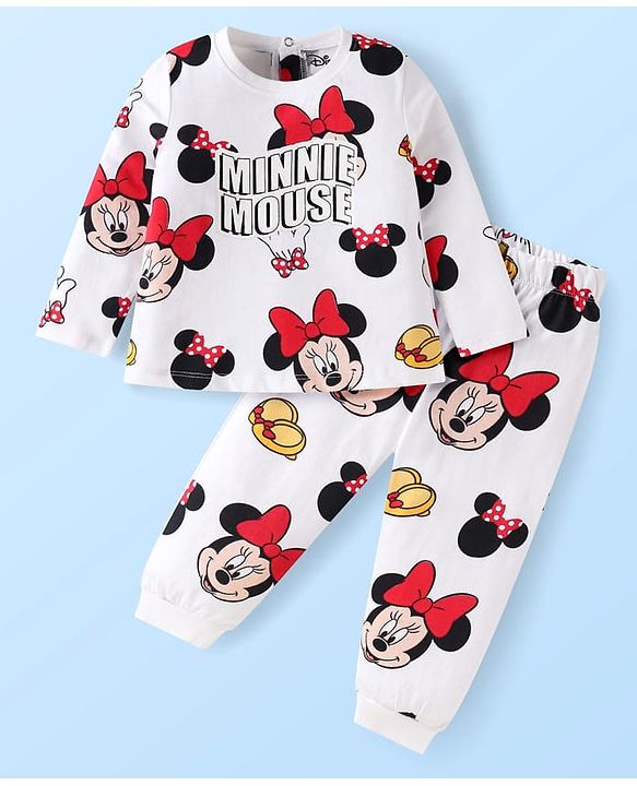 Babyhug Disney Single Jersey Knit Full Sleeves Nightsuit With Minnie Mouse Print - White & Red
