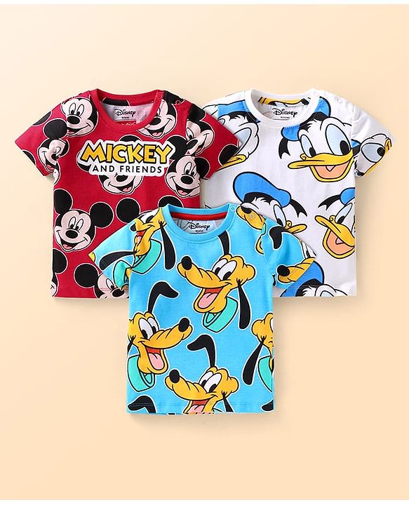 Babyhug Disney Single Jersey Knit Half Sleeves T-Shirt with Mickey & Friends Graphic Pack of 3 - Red White & Light Blue