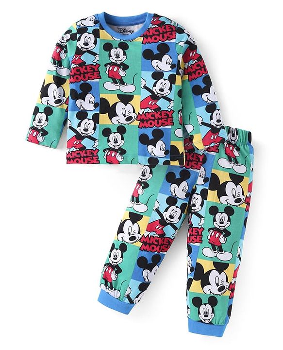 Babyhug Disney Single Jersey Knit Full Sleeves Night Suit With Mickey Mouse Print - Light Blue