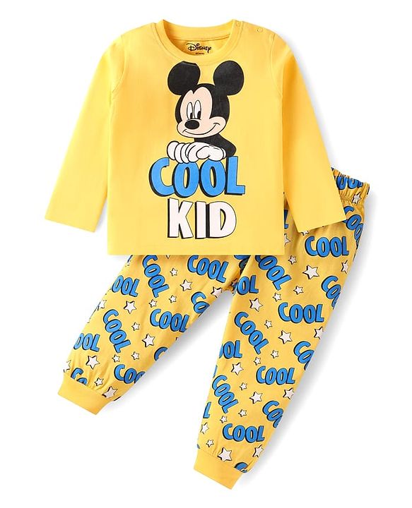 Babyhug Disney Single Jersey Knit Full Sleeves Night Suit with Mickey Mouse Graphics - Yellow