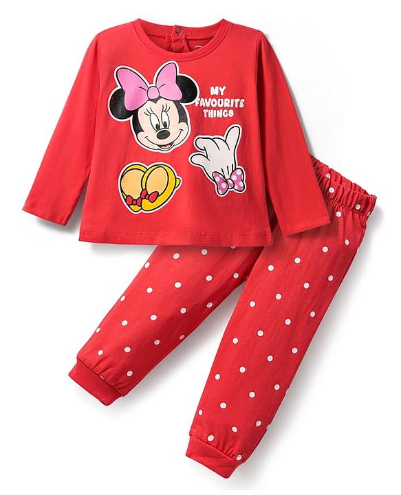 Babyhug Disney Single Jersey Knit Full Sleeves Night Suit with Minnie Mouse Graphics - Red