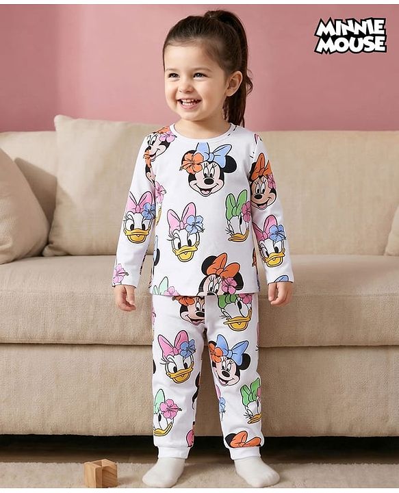 Babyhug Disney Single Jersey Knit Full Sleeves Night Suit with Mickey Minnie & Friends Graphics - White