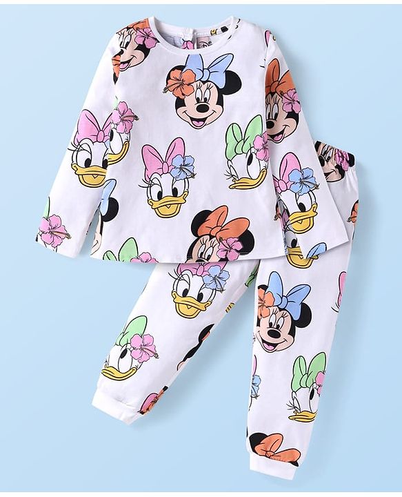 Babyhug Disney Single Jersey Knit Full Sleeves Night Suit with Mickey Minnie & Friends Graphics - White