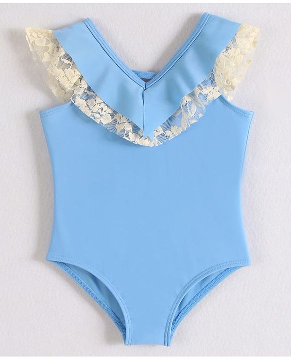 Babyhug Sleeveless V Cut Swimsuit with Frill Detailing - Light Blue