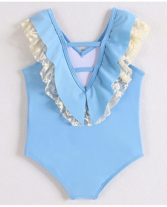 Babyhug Sleeveless V Cut Swimsuit with Frill Detailing - Light Blue
