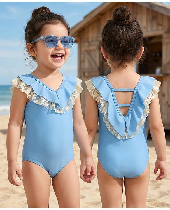 Babyhug Sleeveless V Cut Swimsuit with Frill Detailing - Light Blue