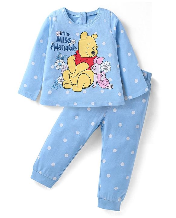 Babyhug Disney Single Jersey Knit Full Sleeves Night Suit with Winnie the Pooh Graphics - Light Blue