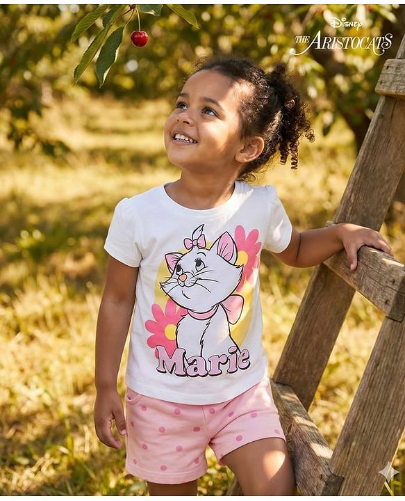 Babyhug Disney Single Jersey Knit Half Sleeves T-Shirt & Shorts Set with Marie Graphics - Pink & White