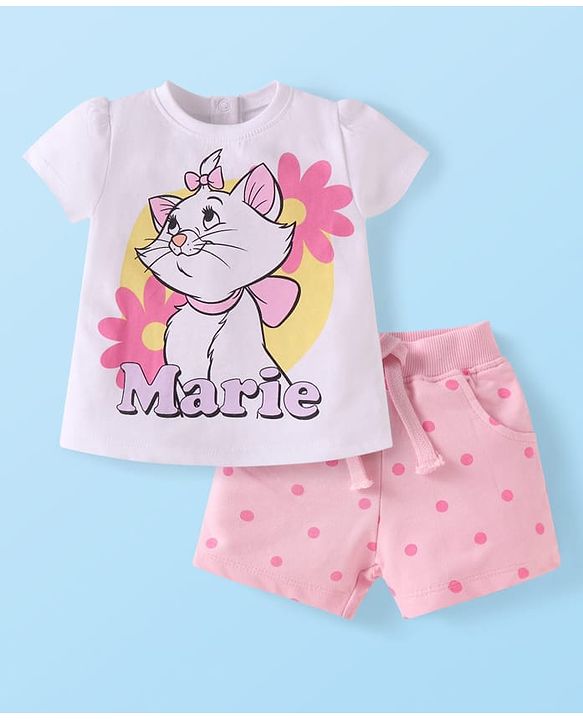 Babyhug Disney Single Jersey Knit Half Sleeves T-Shirt & Shorts Set with Marie Graphics - Pink & White