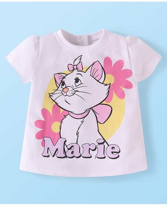 Babyhug Disney Single Jersey Knit Half Sleeves T-Shirt & Shorts Set with Marie Graphics - Pink & White