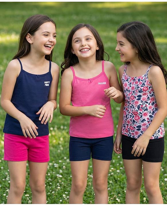 Pine Kids Knit Singlet Slips With Floral Print Pack of 3 - Navy Blue Pink & White