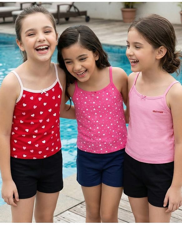 Pine Kids Cotton Knit Singlet Sleeves Slips with Hearts Print Pack of 3 (Color May Vary)
