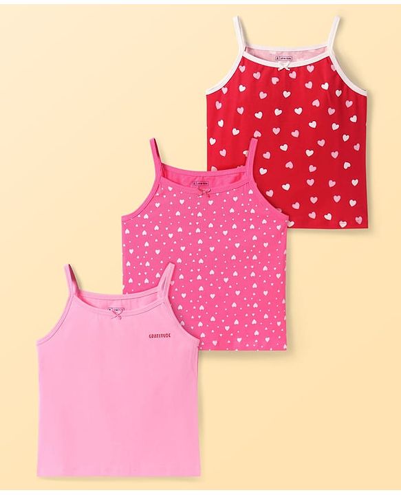 Pine Kids Cotton Knit Singlet Sleeves Slips with Hearts Print Pack of 3 (Color May Vary)